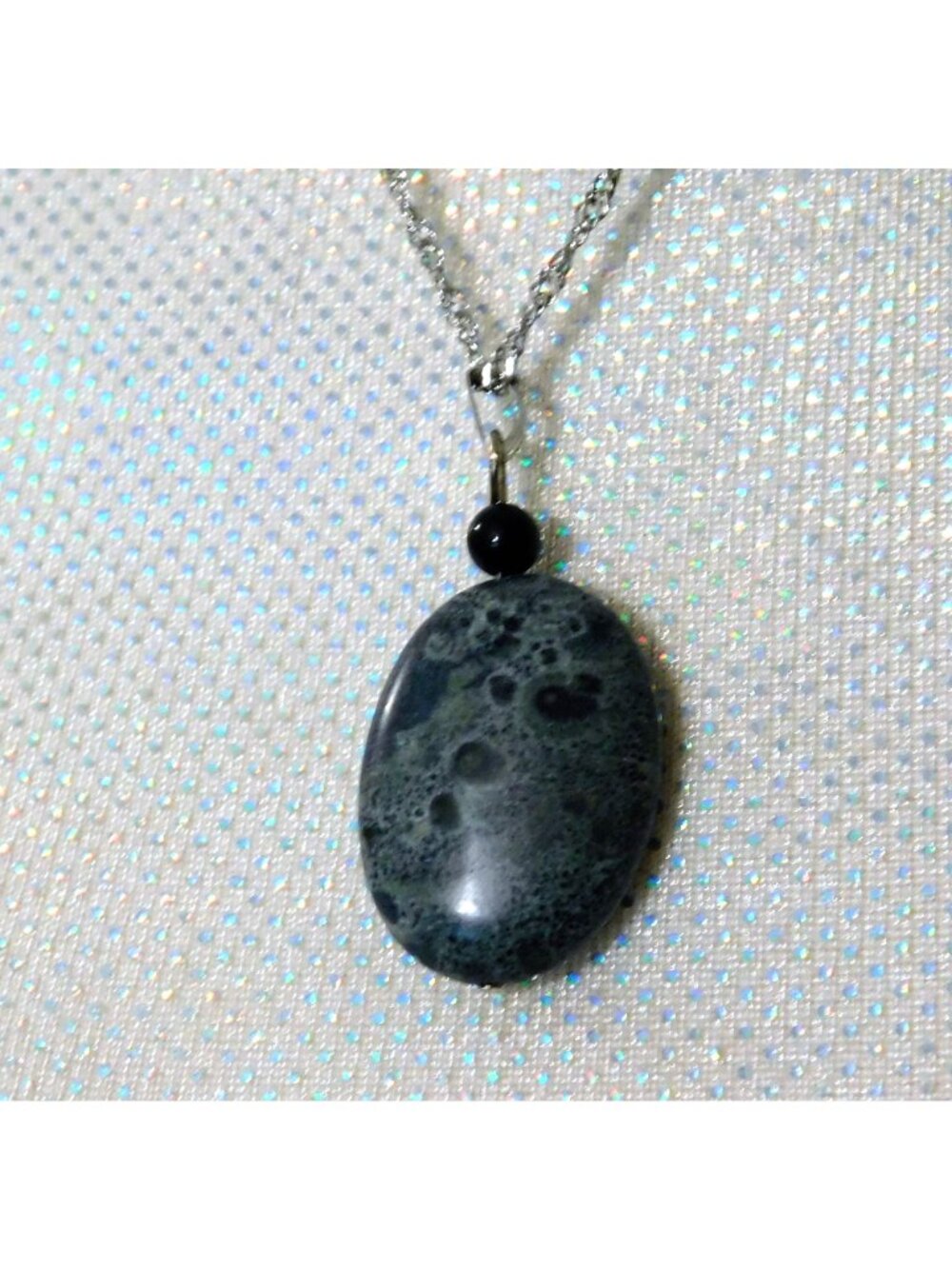 Black Stone Necklace and Fishhook Pierced Earrings 20" Twist Silver Tone Chain - Picture 10 of 11